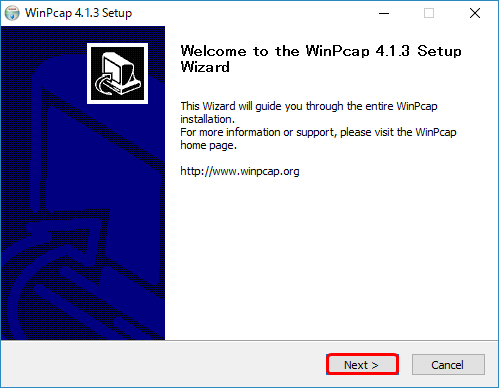 Welcam to the WinPcap 4.1.3 Setup Wizard画面