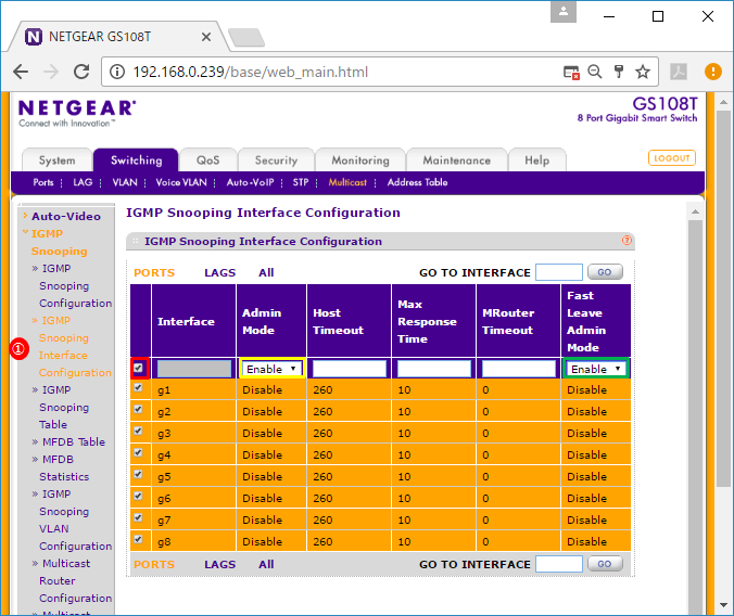 IGMP Snooping Interface Configuration画面