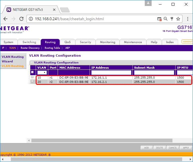VLAN Routing画面(反映後)